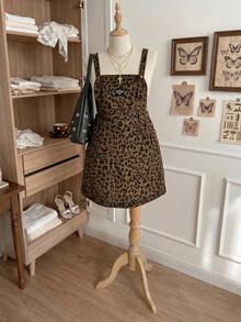 Comfortcana Plus Size Women's Leopard Print Letter Graphic Denim Overall Dress - Brown - View 6