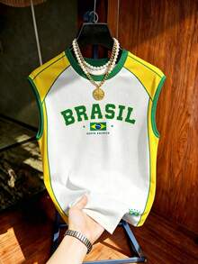 Manfinity Campus Court 復西足球背心，美國 BRASIL #10 印花上衣，圖案 T 恤，男士時尚休閒運動球衣，足球，足球用品，假期 - 彩色 - 查看 3