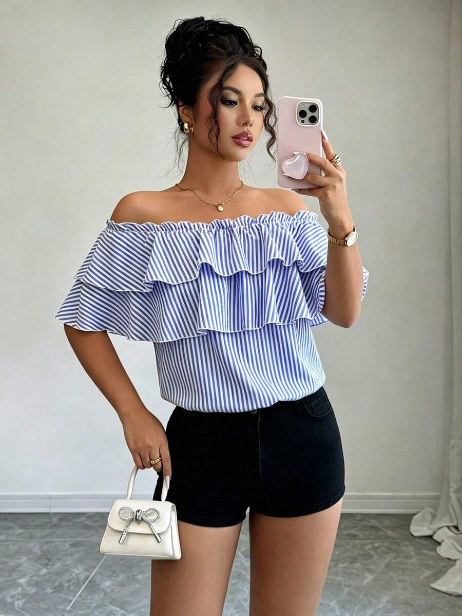 Elenzga Women's Striped Ruffle Off-Shoulder Fashion Blouse - Blue - View 1
