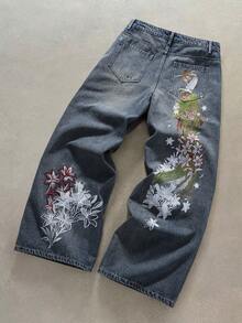 ROMWE MEN Jeans bordados estilo japonés para hombre - Azul - Ver 5
