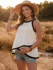 Boho Mama Maternity Vacation Asymmetric Hem Color Block Halter Neck Tank Top Boho Summer Outfits  Casual Baby Shower Outfits - Black and White - View 6