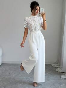 Elenzga 2026 Spring/Summer Elegant Outing & Date Multi-Occasion Small Stand Collar Lace Embroidered Patchwork Jumpsuit - White - View 4