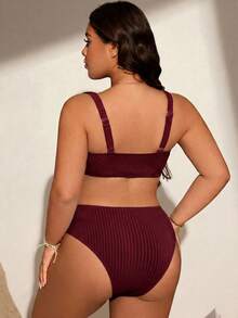 Swim Lushoire Summer Beach Minimalist Textured Fabric Solid Color Plus Size Swimsuit Set - Burgundy - View 2