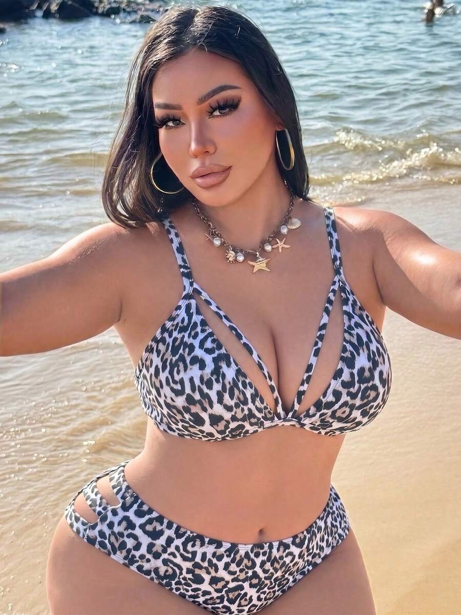 Swim SXY 大尺碼女款純色性感比基尼上衣,適合夏季海灘派對穿著,粉色豹紋印花 - 彩色 - 查看 1