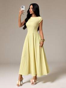 SHEIN PETITE Women's Elegant Casual Fashion New Style Vacation Cap Sleeve Waist-Defining A-Line Umbrella Midi Dress In Yellow ,Petite Women - Light Yellow - View 5