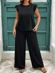 Reflora Casual Smart Casual Vacation Black Fabric Plus Size Round Neck Ruffle Short Sleeve Loose Pants Two Pieces Set Suitable For Summer Black Set Vacation - Black - View 3