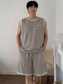 DAZY 男士字母印花灰色背心短裤睡衣套装，夏季 - 灰色 - 查看 7
