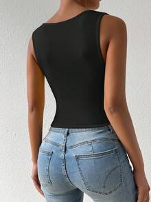 Allurite Top corto de mujer de unicolor simple con escote en U profundo para uso diario - Negro - Ver 3