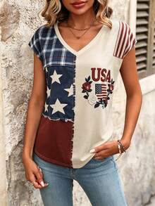 EMERY ROSE Summer Casual Colorblock Patchwork Striped Plaid Star Print T-Shirt - Multicolor - View 4