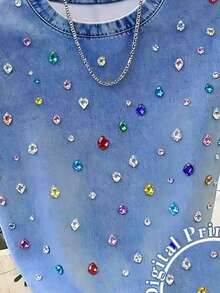 Girls' Casual Minimalist Retro Faux Denim Faux Diamond Pattern Print Crew Neck Short Sleeve T-Shirt, Suitable For Summer Daily Outings Summer Tops - Multicolor - View 3