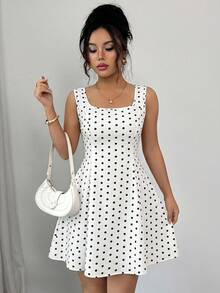 Rafferiza Ditsy Floral Square Neck Tie Waist A-Line Sleeveless Dress For Women - Black and White - View 4
