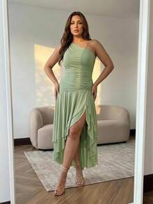 Hourglow Plus Size Asymmetrical Shoulder Elegant Casual Vacation Party Wedding Guest Dress Sage Green Summer For Hourglass Body Shape - Green - View 5