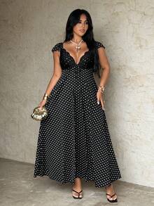 SHEIN CURVE+ Plus Size Spring/Summer Elegant Sexy Lace Polka Dot Fitted A-Line Elegant Cute Vintage Ruffle Sleeve Women's Dress Sheer A-Line Short Sleeve Cute Women's Dress Suitable For Vacation Casual Dating Party Gathering Wear Summer FIT+ Plus Size Women's Extra Long Dress - Black - View 5