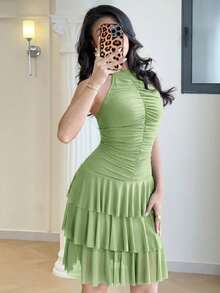 Modelyn 女款素色百褶休閒約會派對短洋裝 - 綠色 - 查看 3