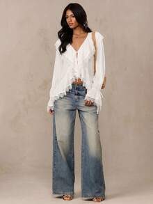 SHEIN BAE Women's Solid Color Ruffle Front Tie Contrast Lace Fashion Shirt - White - View 3