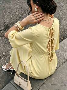 Yasmyna Round Neck Back Hollow Pearl Embellished Waist-Cinched Yellow Arabian Dress - Yellow - View 9