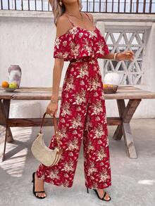 SHEIN Clasi 女款春夏優雅浪漫度假風細肩帶連身褲 - 酒紅色 - 查看 5