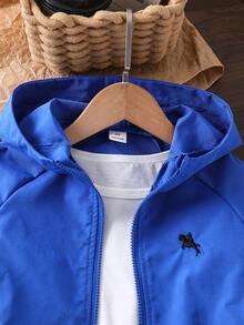 SHEIN Genkimix Kids 1件小男孩休閒極簡街頭連帽長袖外套，時尚休閒設計，適合夏季穿著，適合4-7歲男孩日常穿著，適合運動、外出、校園及返校季節 - 藍色 - 查看 4