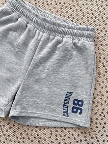 SHEIN Tween女孩針織純色數字字母圖案連身褲休閒短褲 - 灰色 - 查看 6
