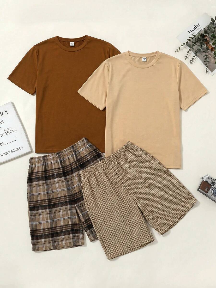 SHEIN 青少年男童简约纯色圆领短袖T恤搭配格子图案梭织短裤宽松舒适休闲睡衣套装4件套 - 卡其色 - 查看 1