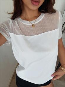 DAZY Sequin Mesh Patchwork Brunch Cafe Short Sleeve Women's T-Shirt Work All White Summer Casual Elegant - White - View 5