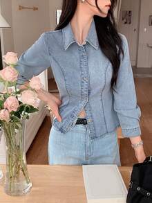 DAZY Light Wash Blue Collared Pocket Loose Long Sleeve Denim Shirt Spring Summer Autumn - Blue - View 5