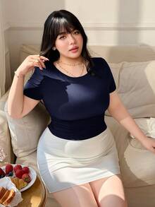 CovetEZ 黑色大尺碼抓皺腰線彈性T恤 - 藏蓝色 - 查看 3