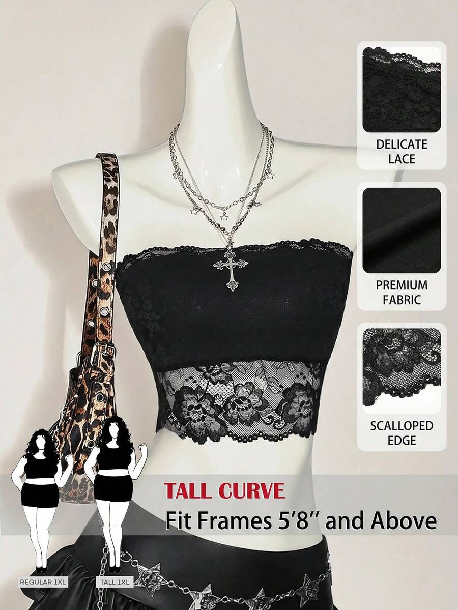 SHEIN Tall CURVE 大码女式撞色蕾丝抹胸上衣 - 黑色 - 查看 1