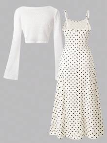 Teen Girls French Gentle Style Polka Dot Cami Maxi Dress + Hollow Knit Cardigan 2pcs Set, Waist-Defining Fit With 3D Rose Decor Autumn Fall - White - View 2