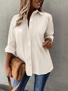 EMERY ROSE Casual Versatile Solid Color Long Sleeve Shirt Fall Cloth For Women - Apricot - View 3