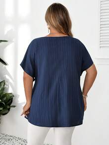 SHEIN CURVE+ Plus Size Women's Vacation Casual Striped Ruffle Hem Shirt - Blue - View 3