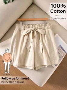 CosyJoli 大尺碼休閒條紋腰帶口袋短褲 - 杏色 - 查看 2