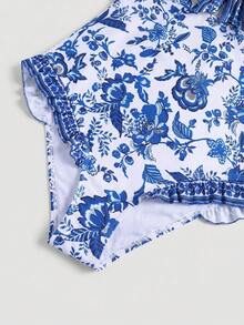Sweetra CURVE Baju Renang Terusan Wanita Ukuran Besar Motif Bunga dengan Simpul di Depan, Model Camisole untuk Liburan Pantai Musim Panas - Blue and White - View 4