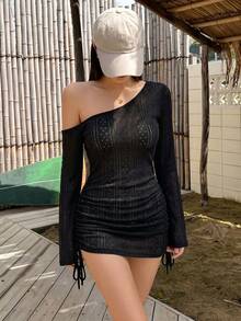 DAZY 女款夏季不對稱單肩抽繩蕾絲綁帶沙灘罩衫 性感極簡半透長袖泳裝外罩上衣 - 黑色 - 查看 3