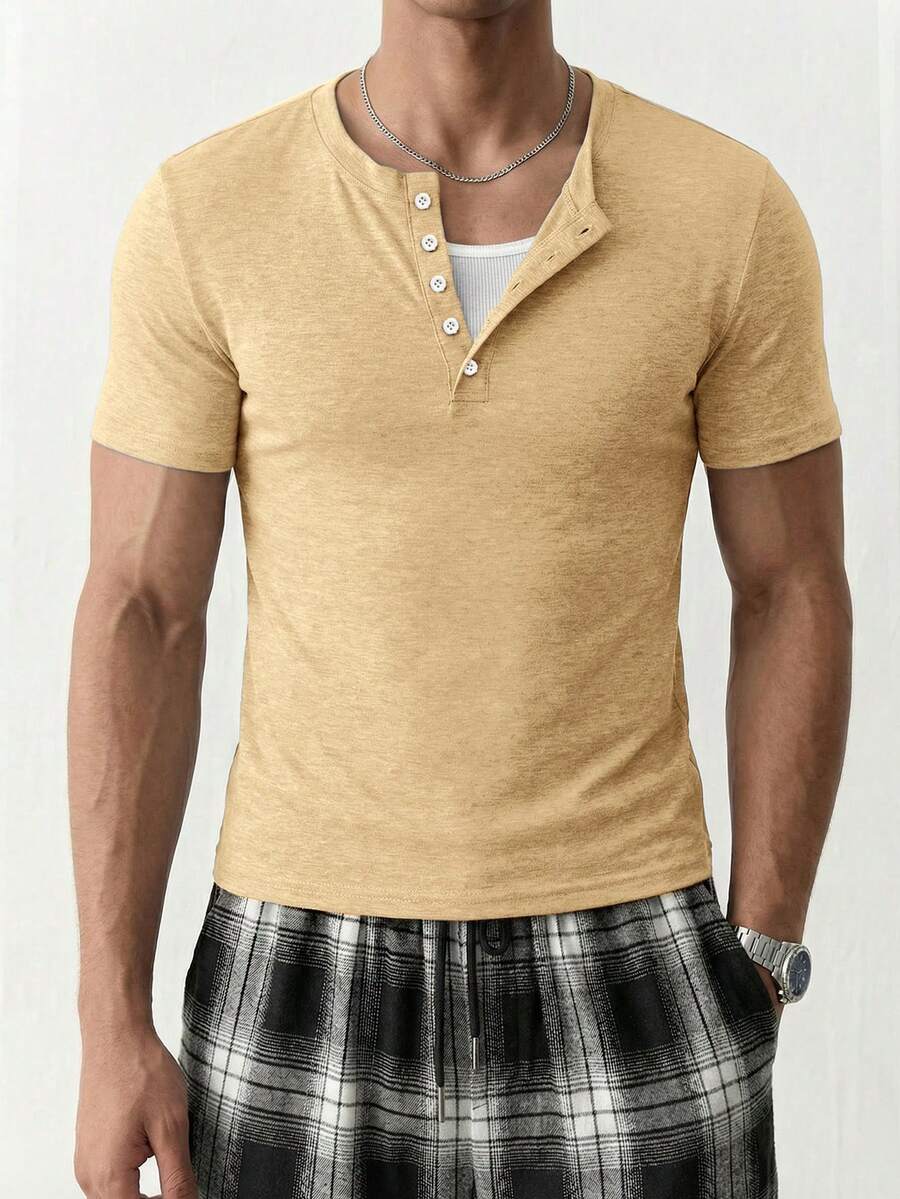 SWAVVY Men's Summer Casual Slim Fit Short Sleeve T-Shirt Standard Size Light Grey Plain - Khaki - View 1