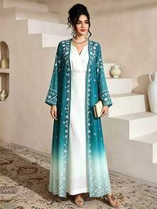 SHEIN Najma 白色花卉植物印花女款優雅高貴阿拉伯長袍，春秋時尚長袖開襟長外套，花卉圖案青色漸層罩衫，阿拉伯風格服飾 - 彩色 - 查看 1