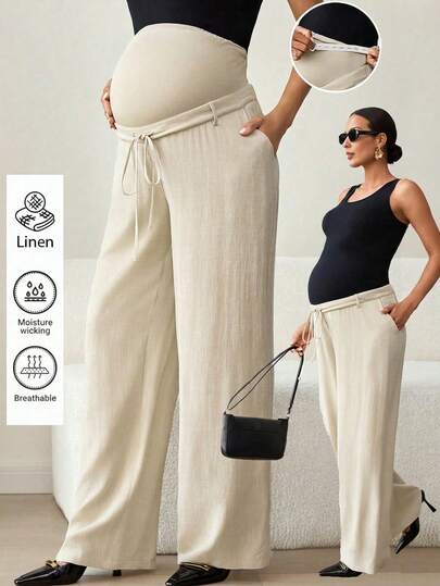 MaterniWear 孕妇度假夏季办公室、商务工作优雅休闲日常通勤纯色可调节抽绳腰宽松阔腿裤，亚麻孕妇工作裤，复古风格