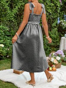 Lyckli Maternity Plaid Pattern Ruffle Pleated Bow Shoulder Strap Tank Dress Oktoberfest Breastfeeding Going Home Postpartum Summer Baby Shower Black - Black and White - View 3