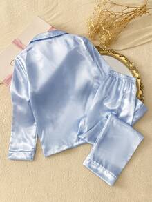 SHEIN 女童藍色純色極簡優雅長袖秋冬休閒寬鬆兩件式居家服套裝，翻領緞面蝴蝶結，柔軟舒適可愛 - 藍色 - 查看 3