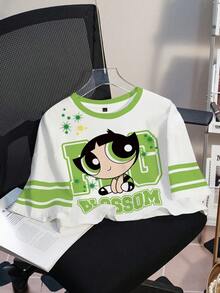 THE POWERPUFF GIRLS X SHEIN 女士毛茛花图案短款圆领短袖T恤 - 白色 - 查看 8