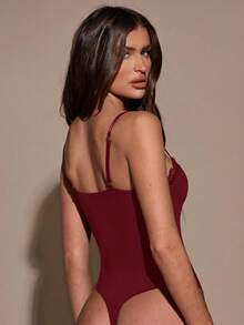 SHEIN BAE 女款性感辣妹蕾絲拼接優雅細肩帶背心 - 酒紅色 - 查看 2