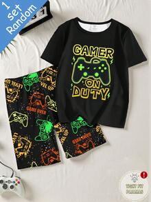 [Dikirim Secara Acak 1 Set] Piyama Anak Laki-Laki Remaja, Motif Huruf Slogan Musim Semi/Panas, Konsol Game, Bola Basket, dan Kombinasi Pola Lainnya, Setelan 2 Potong, Pakaian Santai, Piyama Pas Badan - Hitam - View 7