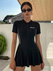 Mono de manga larga con cuello redondo y bloques de color para mujer, traje de baño deportivo casual tipo rash guard para vacaciones y playa - Negro 5 - Ver 3