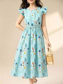 SHEIN Sparklyn 碎花图案短袖收腰连衣裙，适合少女度假、日常休闲穿着 - 藍色 - 查看 6