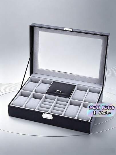 1PC Multifunctional Desktop Storage Box PU Leather Soft Lining Anti Scratch Dustproof Waterproof Black Watch Case Organizer For Men Women Mechanical Quartz Watch Display Collector Gift For Birthday Anniversary Christmas Home Office Travel