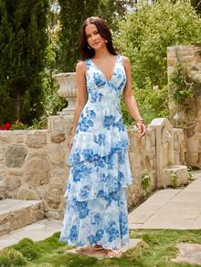 KARISMINA Women's Floral Pattern Ruffle Hem Sleeveless Elegant Flowy Dress Vacation White Summer - Baby Blue - View 6