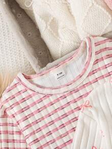 SHEIN Playful Pals Baby Girl Bow Print, Striped, Solid Color Long Sleeve Set - Pink - View 6
