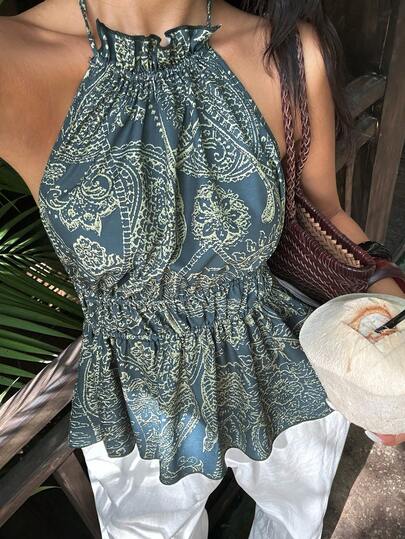 Sunnyshic Débardeur femme printemps/été élégant décontracté polyvalent mode quotidien vintage imprimé cachemire bohème dos nu bretelles spaghetti avec nœud à nouer