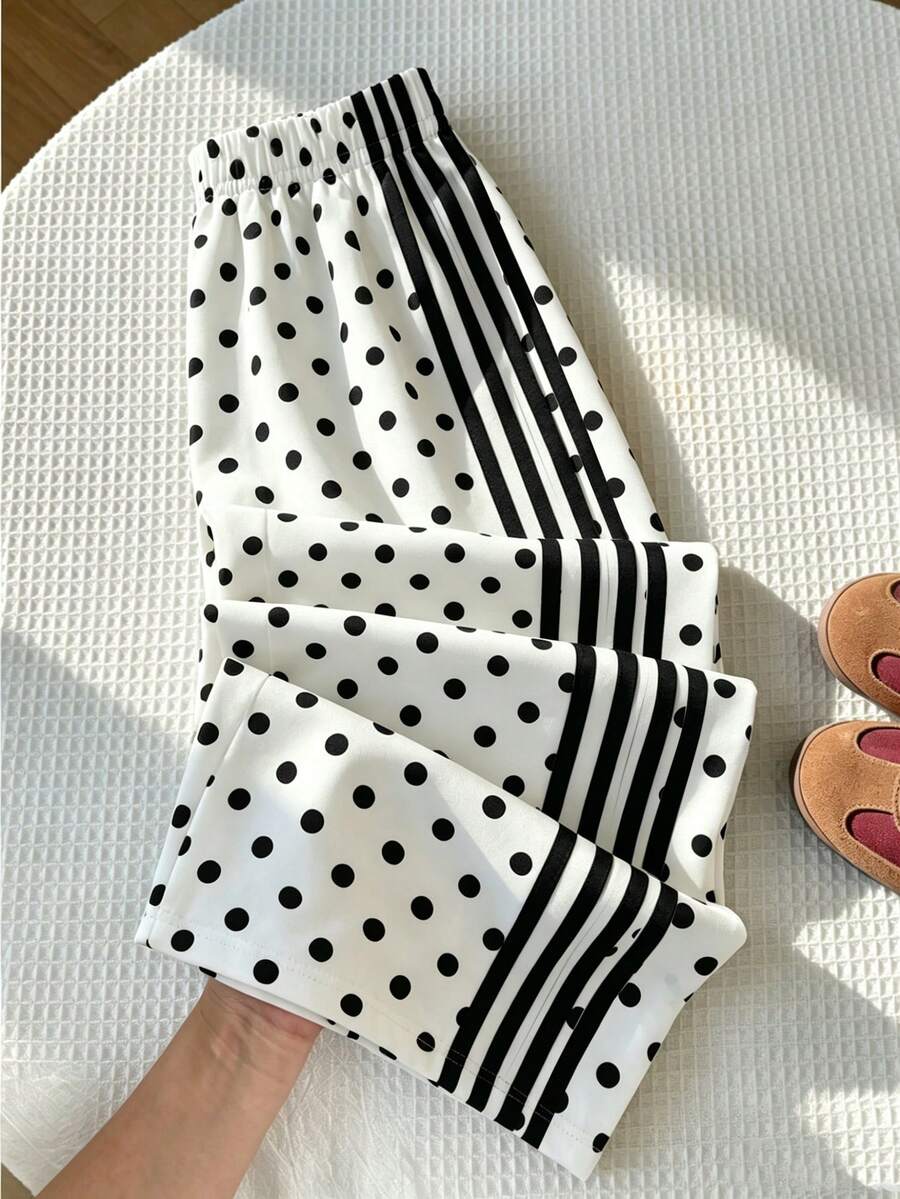 SHEIN Tween女孩春夏四季休閒百搭日常運動街頭風黑白拼色寬鬆梭織長褲,可搭配運動鞋與任何T恤,適合日常穿著 - 黑與白 - 查看 1