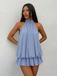 SHEIN PETITE Elegant Sleeveless Tie-Neck Mini Dress In Pale Yellow, Suitable For Party, Date, Autumn/Winter And Spring/Summer ,Petite Women - Dusty Blue - View 4